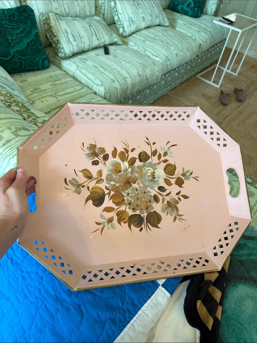 Pink Hand-Painted Floral Serving Tray